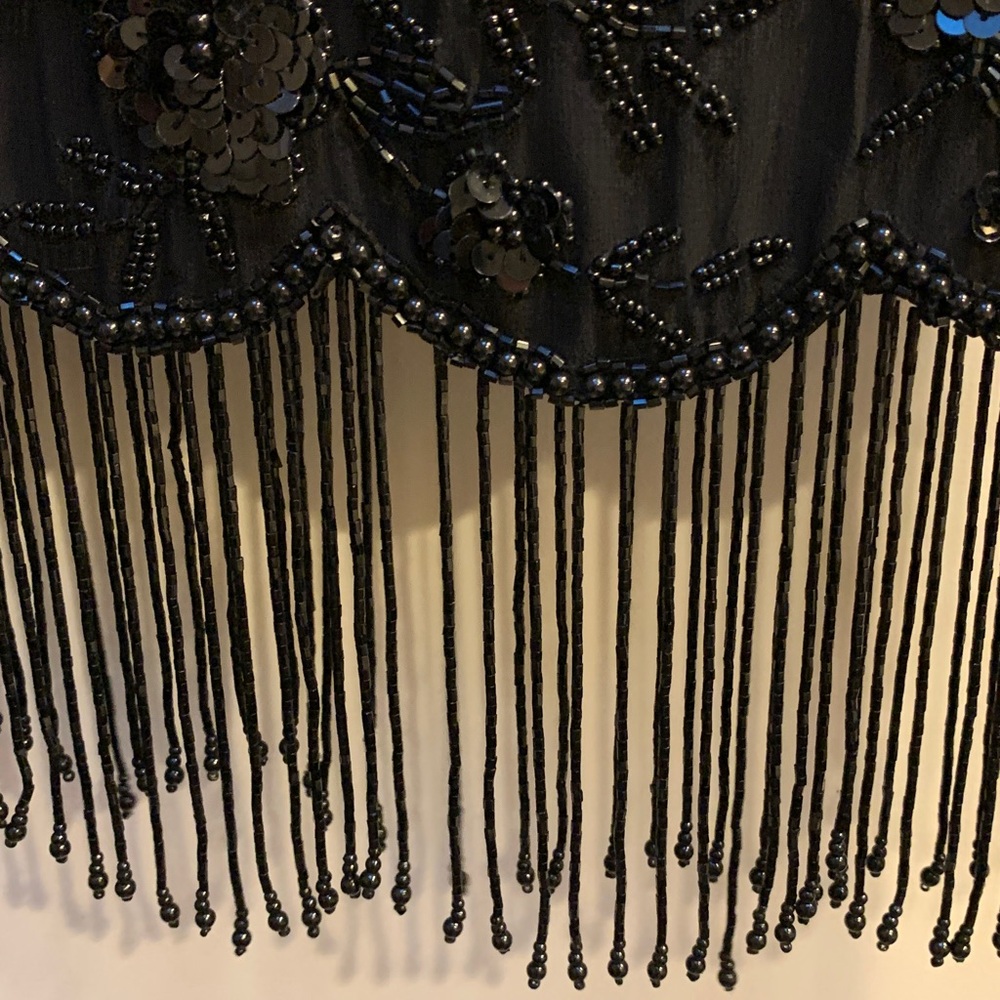 Oleg Cassini Black Beaded Crop Top with Fringe - Picture 4 of 7